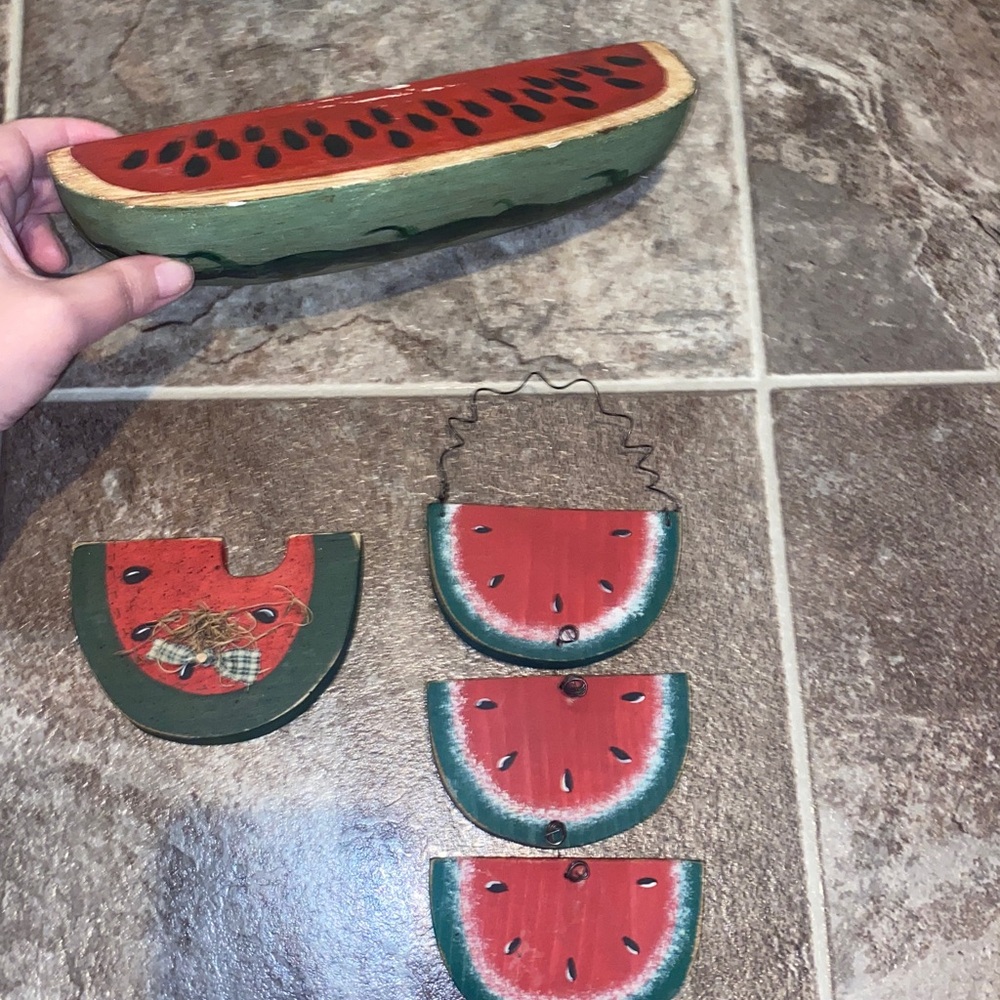 Vintage 1980s Wooden Watermelon Decor Bundle Hand Painted And Distressed